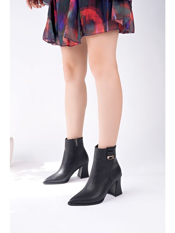 LUXERA Sivri Burun Toka Detaylı Fermuarlı Kalın Topuklu Kadın Bot - Görsel 5