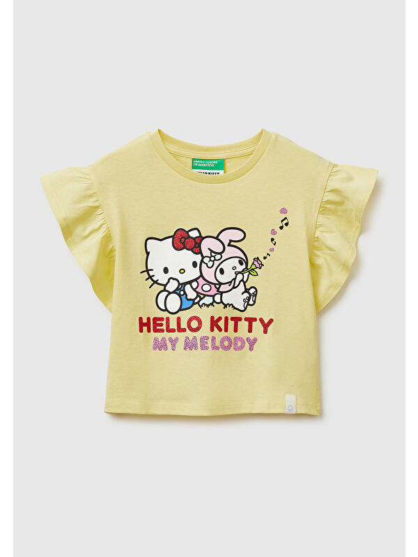 United Colors Of Benetton Kız Çocuk Sarı Simli Grafik Baskılı Etek Ucu Logo Etiketli Bisiklet Yaka T-Shirt