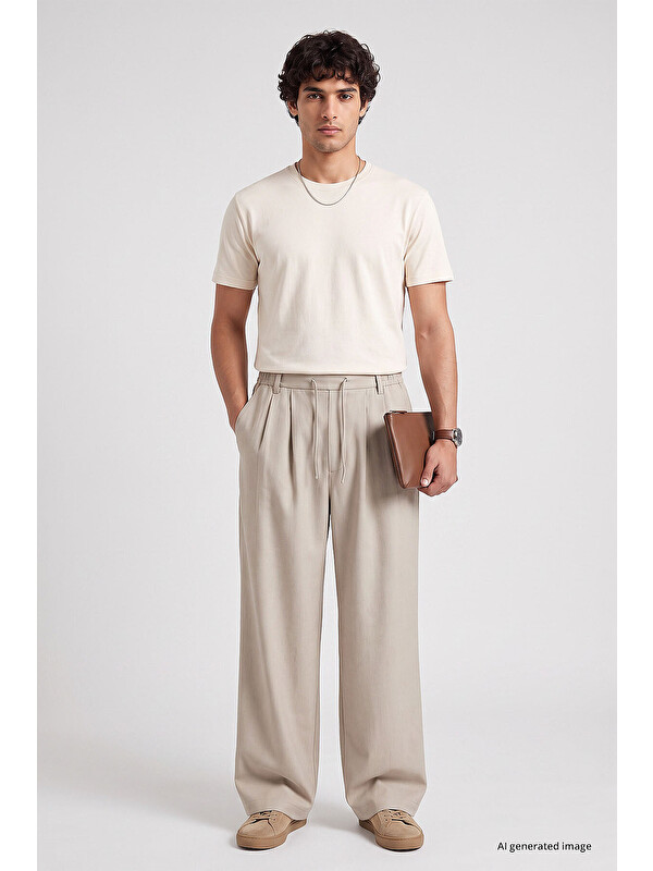 Tommylife Bej Pileli Dokuma Palazzo Erkek Pantolon - 82201
