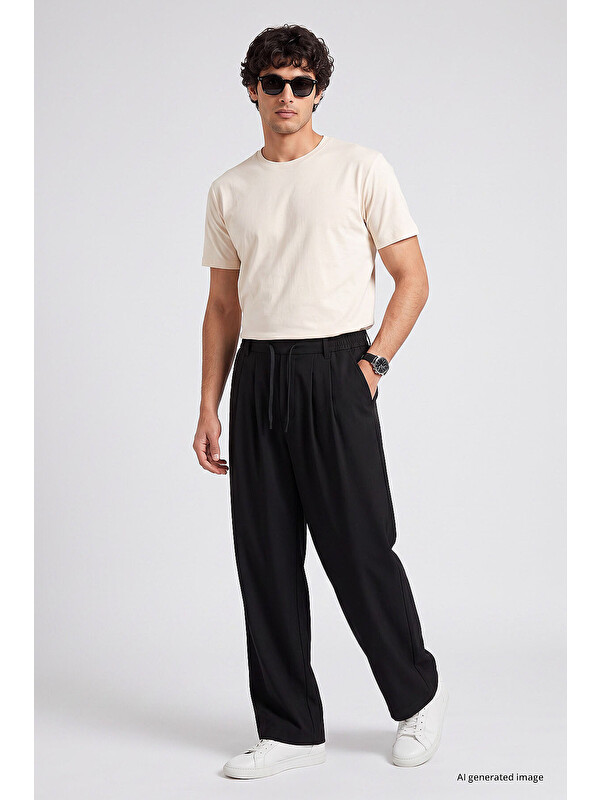 Tommylife Siyah Pileli Dokuma Palazzo Erkek Pantolon - 82201