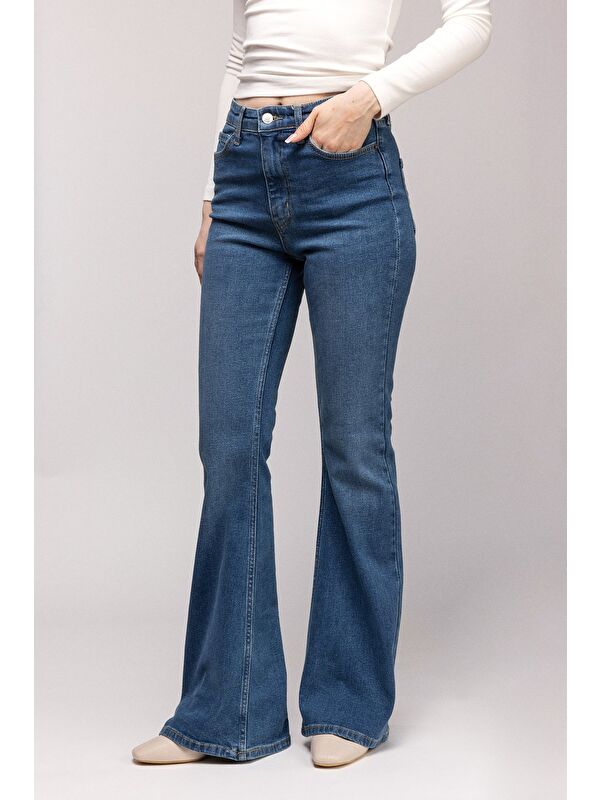 Saade Mavi Kadın Yüksek Bel İspanyol Paça Elastanlı Jean Pantolon - '70s Style' Flare Jean