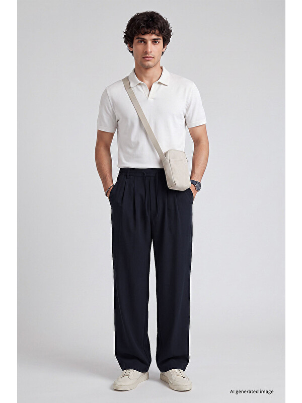 Tommylife Lacivert Pileli Dokuma Palazzo Erkek Pantolon - 82201