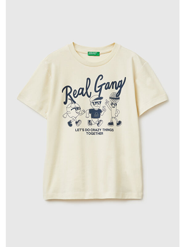United Colors Of Benetton Erkek Çocuk Krem Tema Baskılı Rahat Kalıp Bisiklet Yaka T-Shirt