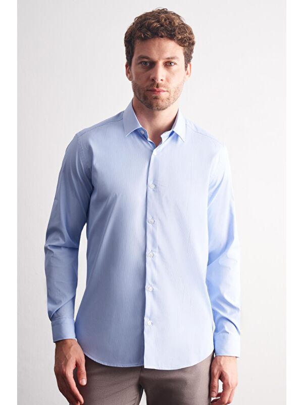 İMZA Mavi - Beyaz Sert Yaka Uzun Kol Slim Fit Esnek Gömlek 1004255176