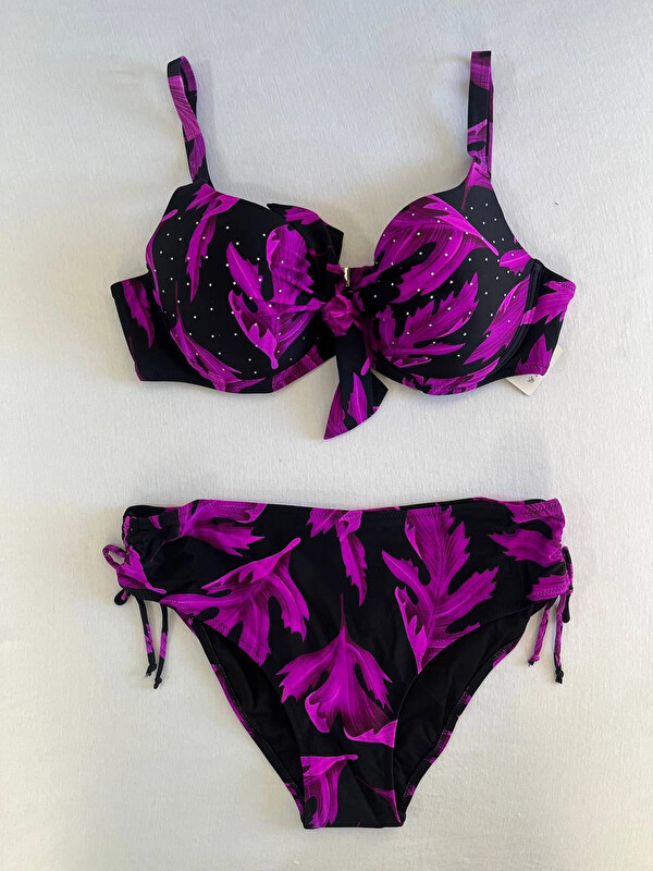 Hazelin Kadın Siyah Mor Taş İşlemeli Büyük Beden Bikini Takım HZL25S-LC3337