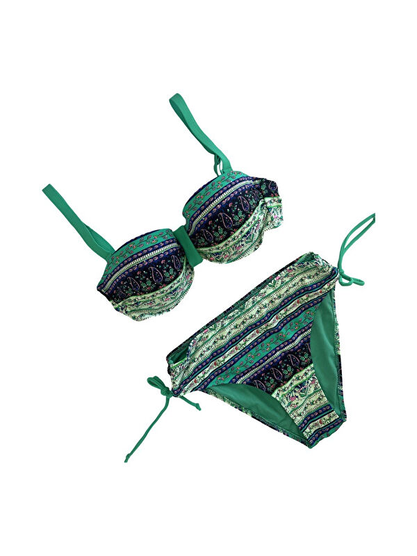 Hazelin Kadın Yeşil Taş İşlemeli Etnik Desenli Astarlı Bikini Takımı HZL25S-LC3305