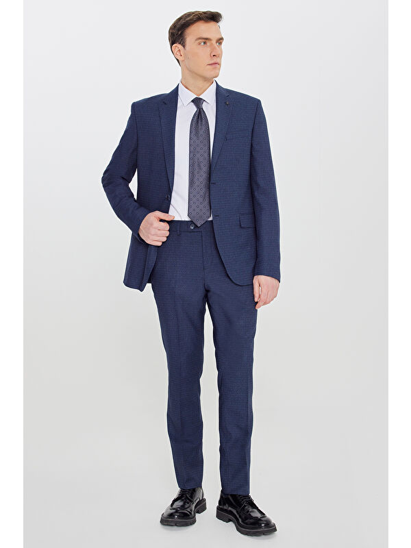 Altınyıldız Classics Erkek Lacivert-Mavi Slim Fit Dar Kesim Mono Yaka Desenli Takım Elbise