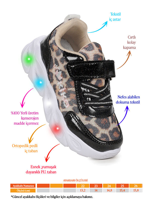 Teno Leopar Desenli Cırtlı Işıklı Kız Bebek Spor Ayakkabı - Görsel 3