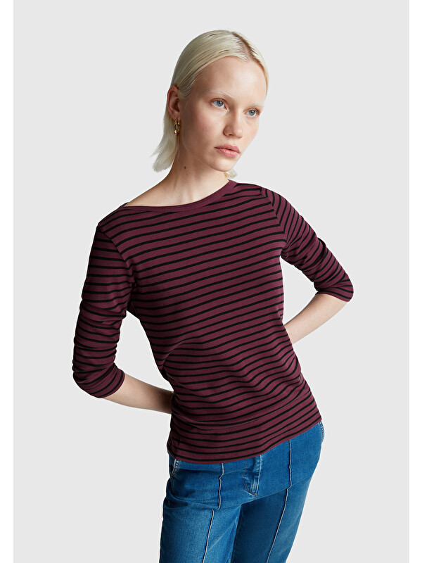 United Colors Of Benetton Kadın Mor %100 Pamuk Çizgili Logolu Kayık Yaka Truvakar Kol T-Shirt