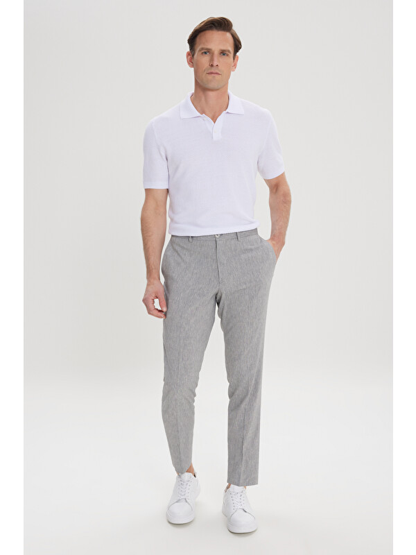 Altınyıldız Classics Erkek Gri Slim Fit Dar Kesim Keten Pamuk Yan Cepli Desenli Esnek Pantolon