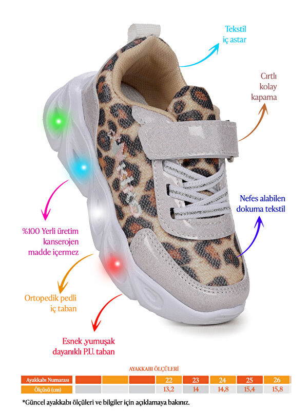 Teno Leopar Desenli Cırtlı Işıklı Kız Bebek Spor Ayakkabı - Görsel 3