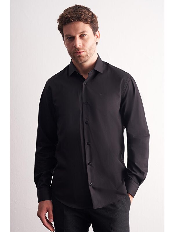 İMZA Siyah Yarım İtalyan Yaka Uzun Kol Premium Slim Fit %100 Pamuk Gömlek 1004255196