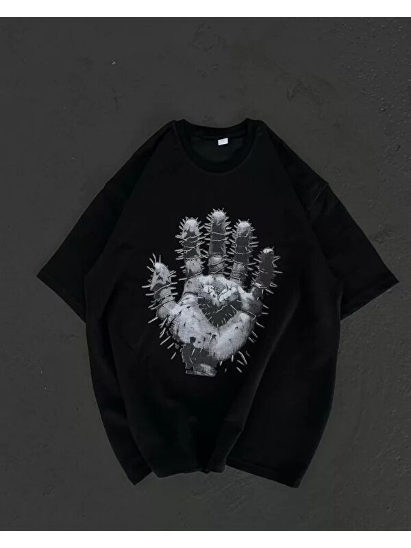 Jane's Unisex Bisiklet Yaka Baskılı Oversize T-Shirt - Siyah