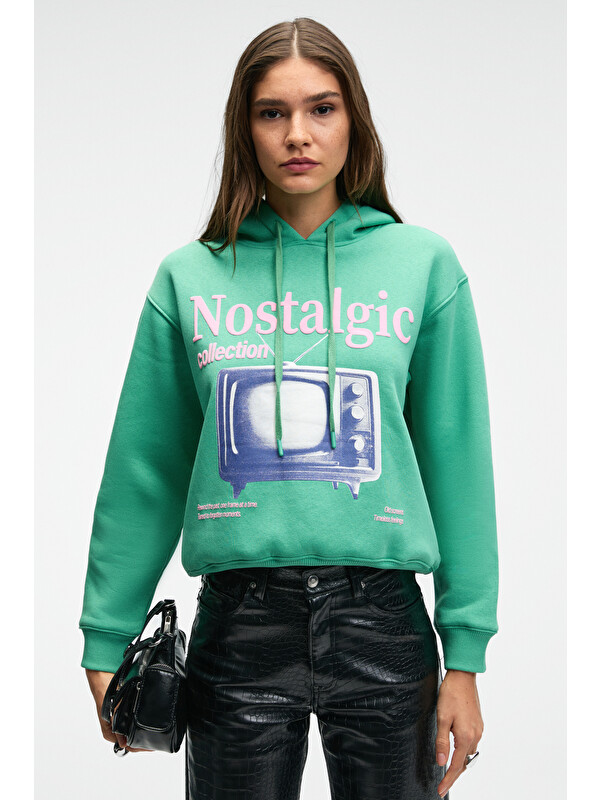 GRIMELANGE SLOPANE Kadın Rahat Kesim Kapüşonlu Baskılı YEŞİL Sweatshirt