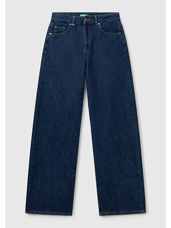 United Colors Of Benetton Kadın Koyu Mavi %100 Pamuk Etiket Detaylı Geniş Paça Denim Pantolon