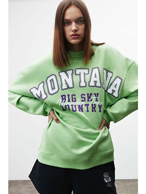 GRIMELANGE Ramona Kadın Oversize Yumuşacık İçi Polarlı Organik Pamuklu Baskılı Yuvarlak Yakalı YEŞİL Sweatshirt