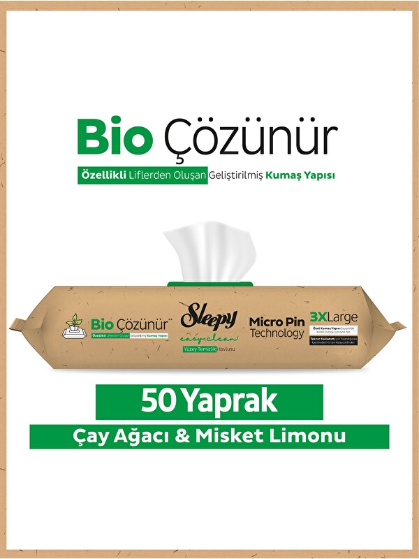 Sleepy Bio Çözünür Yüzey Temizlik Havlusu&Mendili Çay Ağacı&Misket Limonu 50 Yaprak