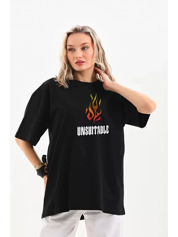 Jane's Unisex Bisiklet Yaka Baskılı Oversize T-Shirt - Siyah