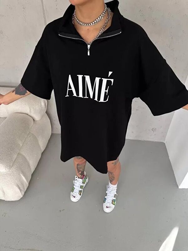 Jane's Unisex Yarım Fermuarlı Baskılı T-Shirt - Siyah