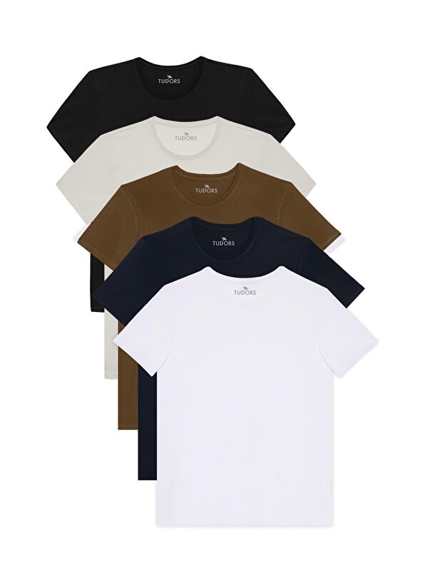 TUDORS Unisex 5'Li Paket Siyah-Beyaz-Taş-Lacivert-Haki Slim Fit Dar Kesim %100 Pamuk Bisiklet Yaka Tişört