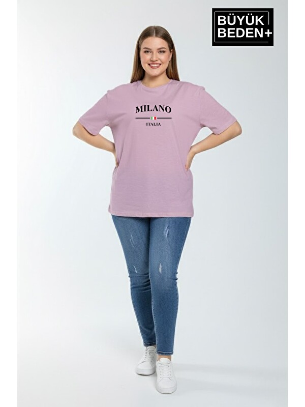 Süperlife Kadın Büyük Beden Milano İtalia Baskılı 3xl-6xl Bisiklet Yaka Tshırt SPR25BTSK510-09