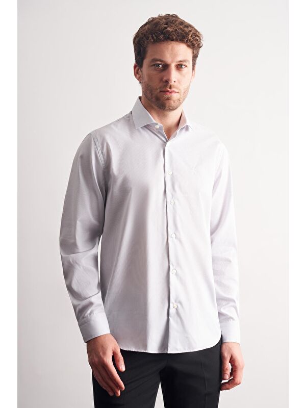 İMZA Beyaz - Gri Yarım İtalyan Yaka Uzun Kol Premium Slim Fit %100 Pamuk Gömlek 1004255191