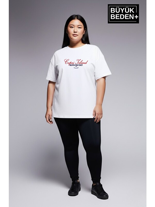 Süperlife Kadın Büyük Beden Capri Island Baskılı 3xl-6xl Bisiklet Yaka Tshırt SPR26BTSK510-14