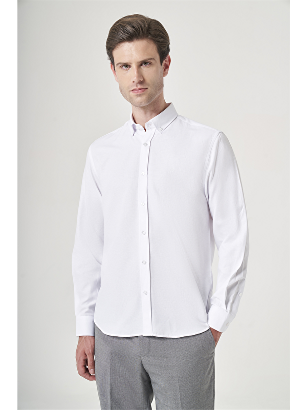İMZA Beyaz Düğmeli Yaka Oxford Slim Fit Pamuklu Gömlek 1004265124
