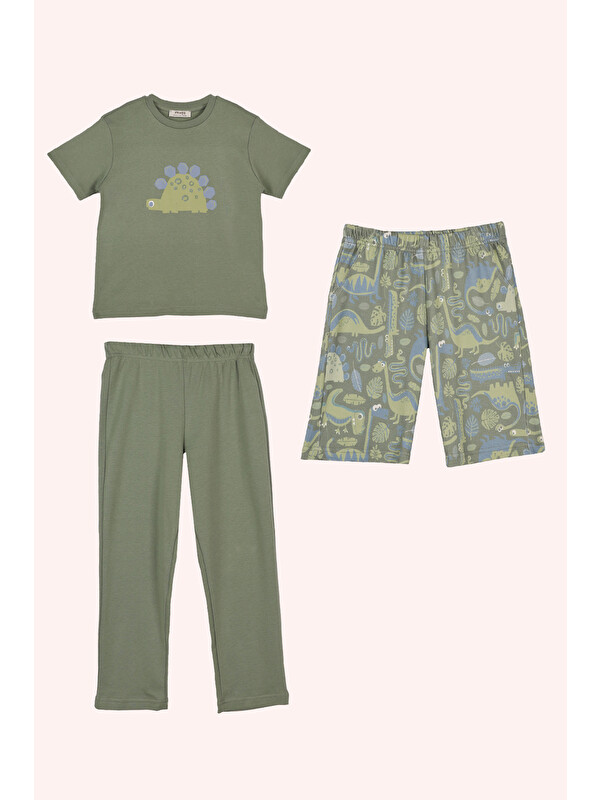 Panço Erkek Çocuk 3'lü Baskılı Pijama Takım Yeşil