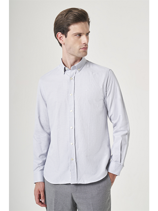 İMZA Gri Düğmeli Yaka Oxford Slim Fit Pamuklu Gömlek 1004265124