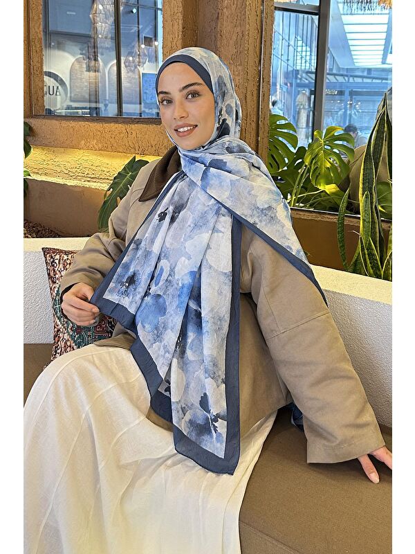 Lamelif Batik Çiçek Desen Bambu Şal İndigo