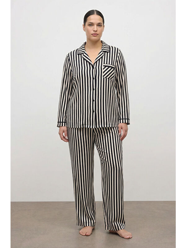Mylinemoda Kontrast Biyeli Çizgili Pijama Takımı