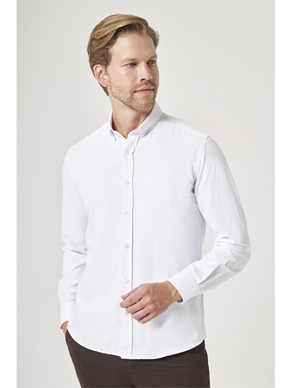 İMZA Beyaz Düğmeli Yaka Oxford Slim Fit Pamuklu Gömlek 1004265284