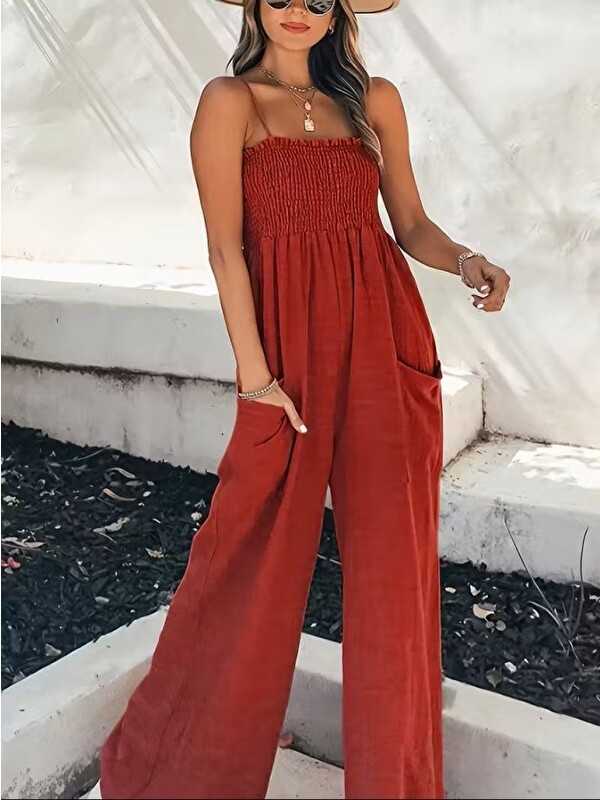 Jane's Kadın Ip Askılı Göğsü Lastik Detaylı Cepli Uzun Sofya Tulum