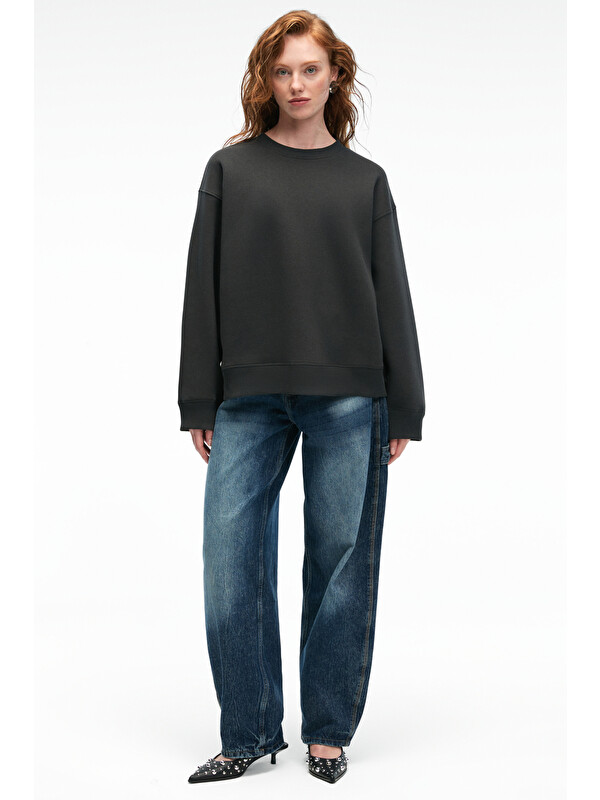 GRIMELANGE ESME Kadın Oversize Yuvarlak Yakalı Kol Ucu Ve Etek Ucu Manşetli ANTRASİT Sweatshirt