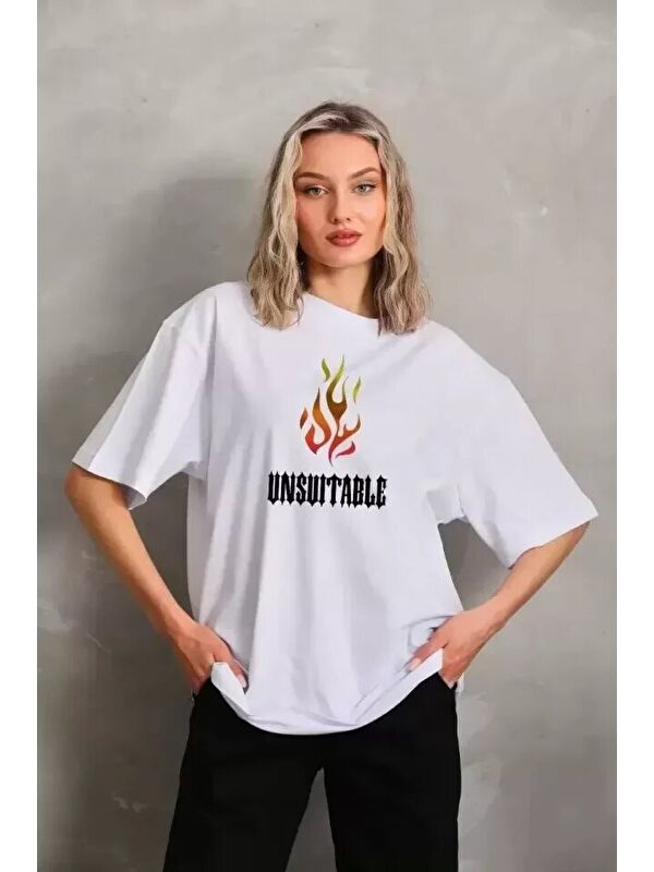 Jane's Unisex Bisiklet Yaka Baskılı Oversize T-Shirt - Beyaz