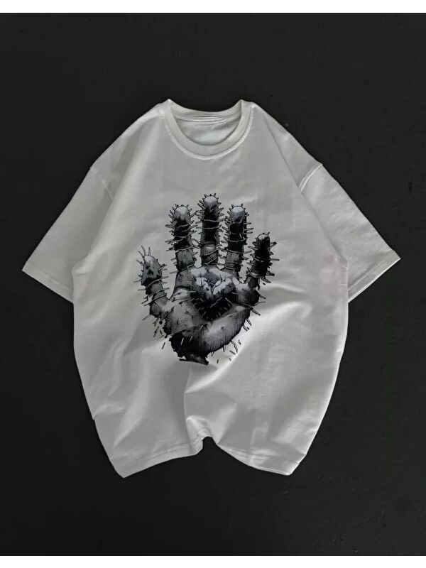Jane's Unisex Bisiklet Yaka Baskılı Oversize T-Shirt - Beyaz