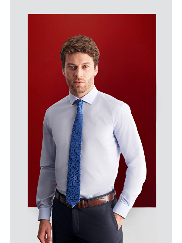 İMZA Açık Mavi Yarım İtalyan Yaka Uzun Kol Easy To Iron Slim Fit Pamuklu Gömlek 1004255301