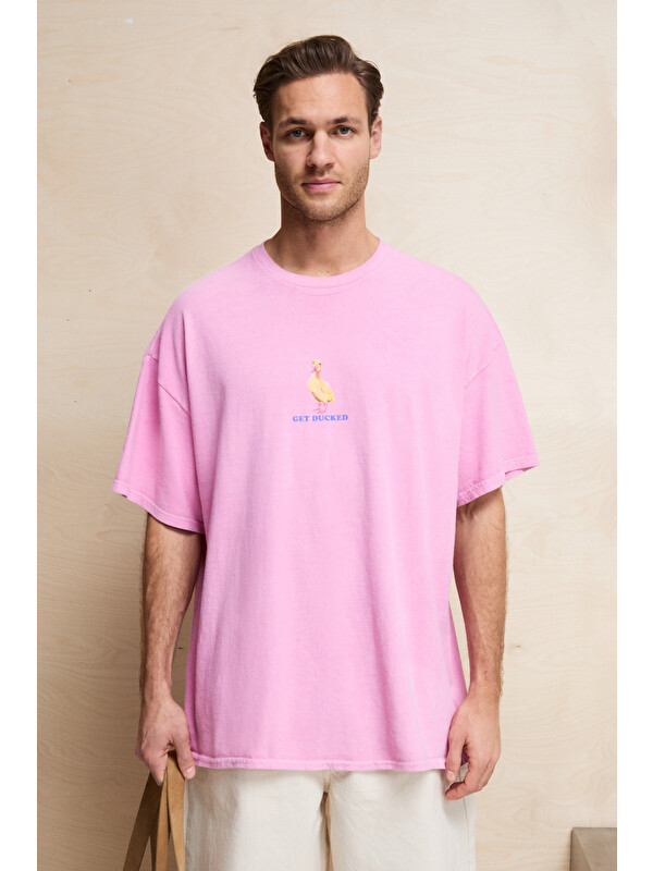 GRIMELANGE SAMANTHO Erkek Yumuşak Ve Organik Pamuklu Yıkamalı Baskı Detaylı PEMBE T-Shirt