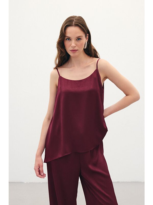 SATEEN Askılı Saten Bluz - Bordo