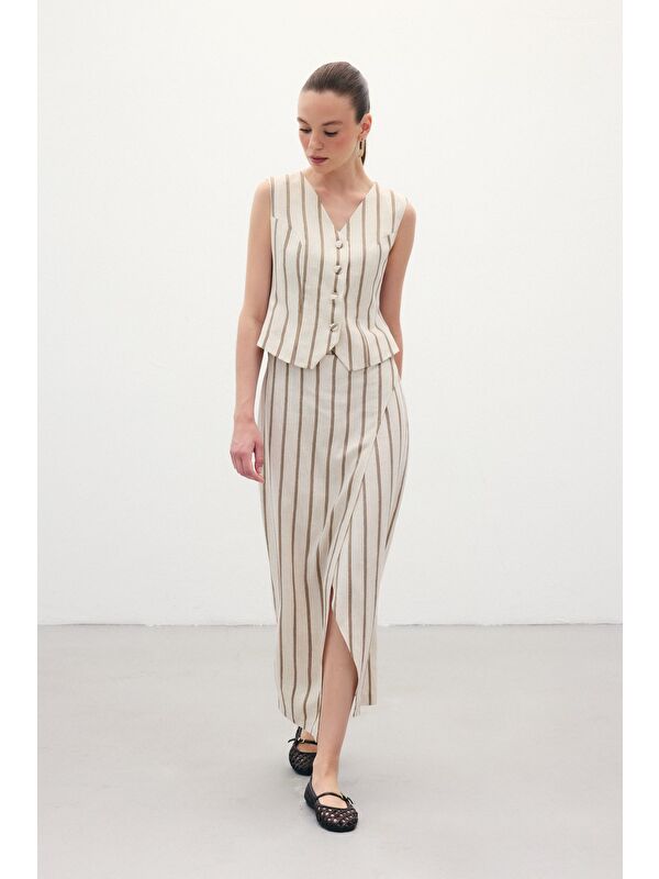 SATEEN Çizgili Keten Etek - Camel