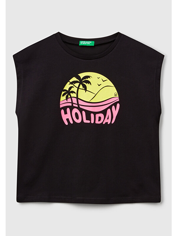 United Colors Of Benetton Kız Çocuk Siyah Grafik Baskılı T-Shirt
