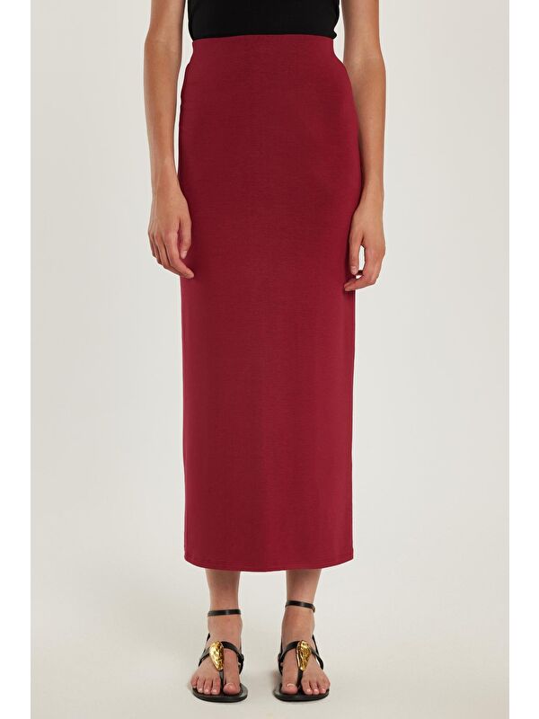 TUDORS Kadın Standart Fit Modal Kumaş Bordo Maxi Boy Etek