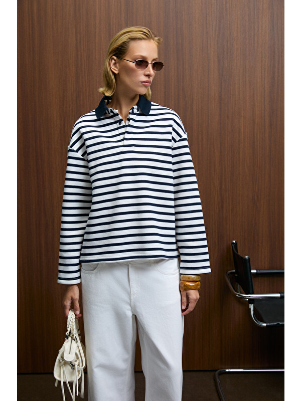 GRIMELANGE MUSE Kadın Çizgili Triko Polo Yakalı Regular Fit LACİVERT Sweatshirt