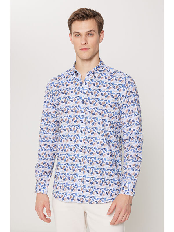 AC&Co / Altınyıldız Classics Erkek Bej-Mavi %100 Pamuk Slim Fit Dar Kesim Düğmeli Yaka Baskılı Gömlek