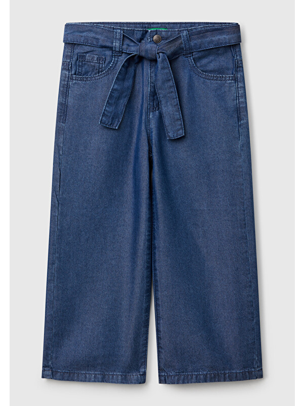 United Colors Of Benetton Kız Çocuk Koyu Denim %100 Liyosel Taş Yıkama Kuşaklı Wide Leg Denim Pantolon