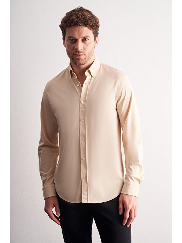 İMZA Bej Düğmeli Yaka Örme Uzun Kol Performans Ürün Slim Fit Esnek Gömlek 1004255270