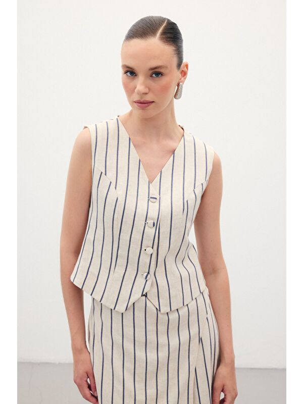 SATEEN Çizgili Keten Karışımlı Yelek - Lacivert