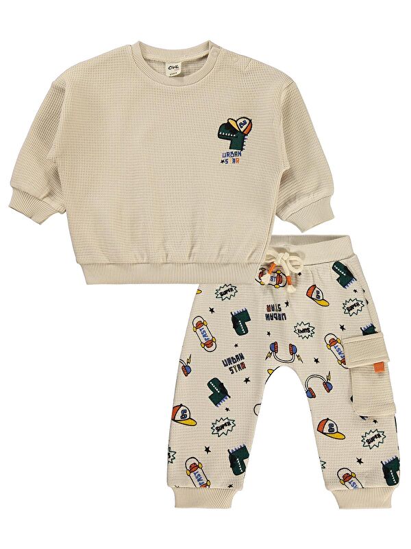 Civil Baby Dinozor Nakışlı 6-18 Ay Takım - Bej 9-12 Ay