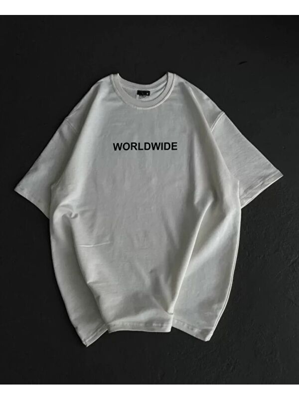 Jane's Unisex Bisiklet Yaka Baskılı Oversize T-Shirt - Beyaz